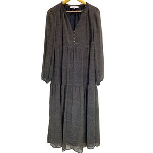 LOFT Black Tan Speckled Chiffon Maxi Dress Small Tiered Ruffle Chic Elegant EUC